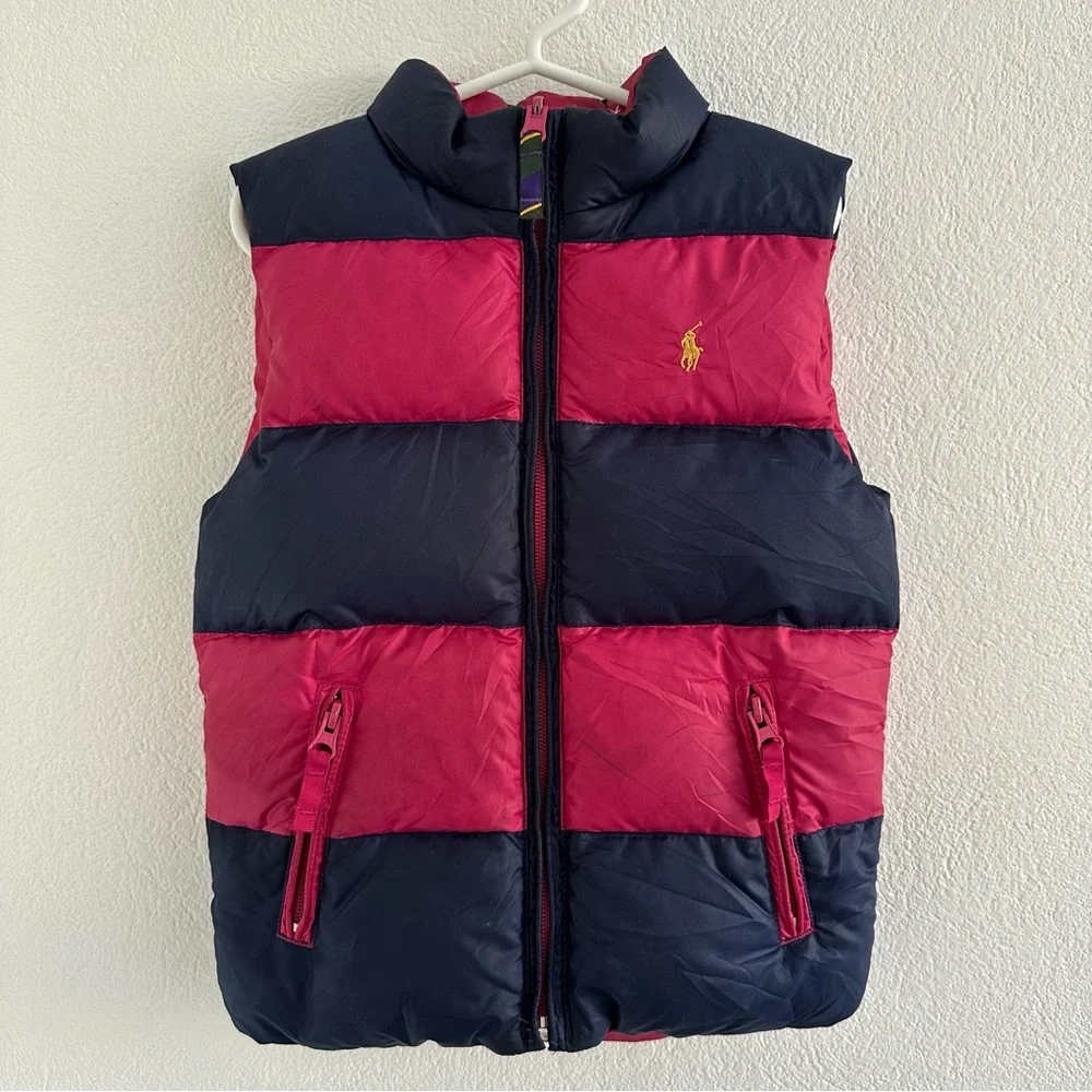 Ralph Lauren Girls Pink Blue Reversible Down Puffer Vest Size 6 Years
